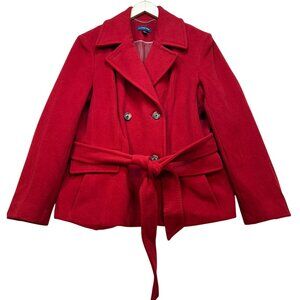 Lands' End Womens Wool Double Breasted Peacoat Long Sleeve Size 16P Red Tie Belt